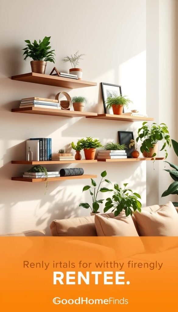 Floating shelves arranged in a stylish, modern living room setting, showcasing a variety of potted plants, books, and decorative items to reflect a cozy, renting-friendly atmosphere. The foreground features two sleek, wooden shelves mounted on a soft-colored wall, with a mix of greenery and curated decor gently placed upon them. In the middle, a comfortable sofa is partially visible, adorned with plush cushions, creating a homey feel. The background highlights a well-lit space with natural light streaming through a window, casting soft shadows. The overall mood is inviting and warm, captured from a slightly elevated angle to emphasize the shelves and their content. The image embodies the essence of GoodHomeFinds, promoting a stylish yet practical design ideal for renters.