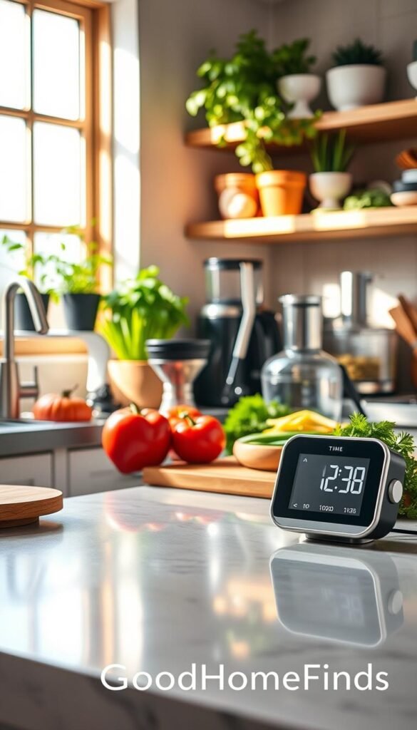 In a cozy, modern kitchen filled with sleek gadgets and vibrant ingredients, a stylish kitchen timer prominently ticks away in the foreground, symbolizing the preciousness of time in meal preparation. In the middle, an array of eye-catching kitchen tools, like spiralizers and food processors, showcases their practical benefits in a bustling cooking environment. The background features a sunlit window with herb pots, creating a fresh and inviting atmosphere. Soft, natural lighting bathes the scene, highlighting the gleaming surfaces and the warmth of wooden accents. Capture this lifestyle moment in a way that feels both inspiring and relatable, evoking a sense of harmony between time management and culinary creativity, branded subtly with "GoodHomeFinds."