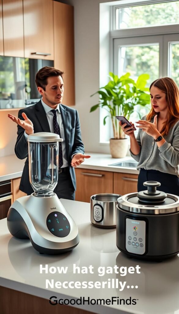 In a modern kitchen setting, two individuals are engaged in a discussion around an array of innovative kitchen gadgets displayed on a sleek countertop. The foreground features a futuristic blender and a smart cooking device, their detail emphasized by soft, warm lighting creating an inviting atmosphere. In the middle, one person dressed in professional business attire animatedly gestures towards the gadgets, while the other, in modest casual clothing, appears intrigued, tapping on a smartphone. The background showcases stylish cabinetry and lush greenery through a window, adding a homey touch. The mood is light and informative, highlighting the debate of gadget necessity as part of the lifestyle brand "GoodHomeFinds." The image should convey a sense of curiosity and exploration of modern kitchen technology.