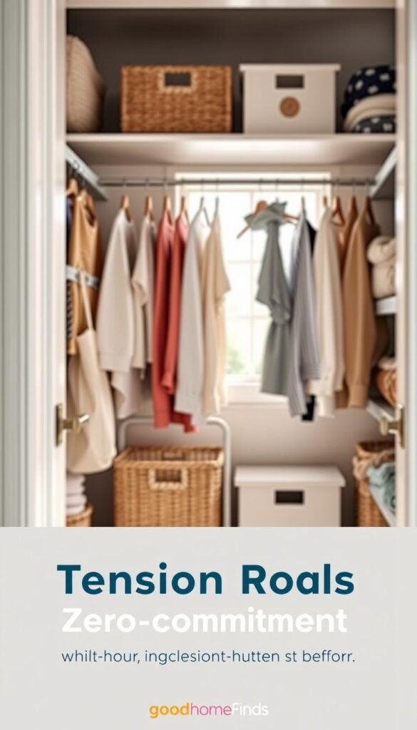 Lifelike, Pinterest-style image featuring a well-organized closet utilizing tension rods, showcasing cleverly arranged items like clothes, accessories, and storage bins. In the foreground, highlight the adjustable tension rods securely holding fabric and lightweight items, illustrating the zero-commitment appeal. The middle ground should include neatly hung garments and a few decorative baskets for a cozy, organized aesthetic. In the background, softness in focus creates a warm, inviting atmosphere, with natural light filtering through a window, casting gentle shadows. The overall mood is calm and tidy, embodying practical and stylish organization techniques. Captured from a slightly elevated angle with a blurred background for depth. GoodHomeFinds branding subtly integrated into the design, emphasizing quality and functionality without text overlays.