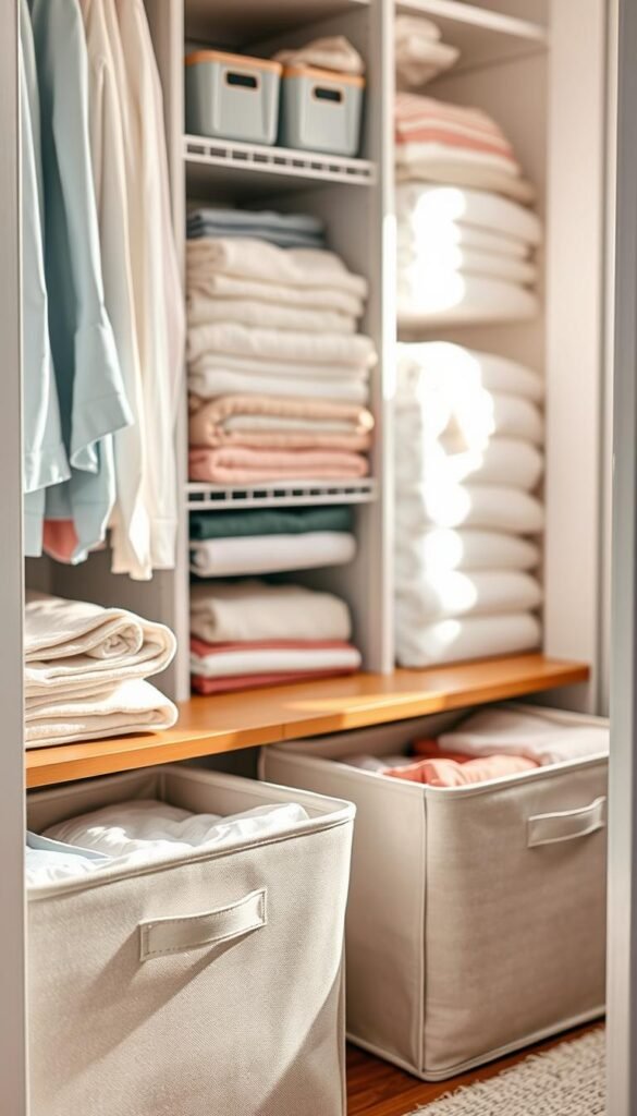 Linen closet organizers designed like soft drawers, showcasing a neatly arranged space filled with fabrics in pastel colors like soft blues, pinks, and whites. In the foreground, highlight modular organizers made of breathable fabric with subtle patterns, showcasing folded linens and towels. In the middle, include a well-organized shelf with containers displaying various items like blankets and tablecloths. In the background, create a softly lit closet setting with natural light filtering in, casting gentle shadows for a warm and inviting atmosphere. Use a shallow depth of field to focus on the organizers, capturing the texture of the linens. The scene embodies calmness and organization, illustrating the beauty and functionality of linen closet storage, styled in a Pinterest-perfect aesthetic. GoodHomeFinds. Linen closet organizers designed like soft drawers, showcasing a neatly arranged space filled with fabrics in pastel colors like soft blues, pinks, and whites. In the foreground, highlight modular organizers made of breathable fabric with subtle patterns, showcasing folded linens and towels. In the middle, include a well-organized shelf with containers displaying various items like blankets and tablecloths. In the background, create a softly lit closet setting with natural light filtering in, casting gentle shadows for a warm and inviting atmosphere. Use a shallow depth of field to focus on the organizers, capturing the texture of the linens. The scene embodies calmness and organization, illustrating the beauty and functionality of linen closet storage, styled in a Pinterest-perfect aesthetic. GoodHomeFinds.