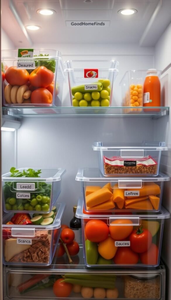 Long, clear organizing bins neatly arranged within a pristine, modern refrigerator. The foreground features multiple bins filled with colorful, fresh produce, creatively labeled for easy access. The middle layer showcases the bins in action, with some partially pulled out, revealing a vibrant, organized collection of snacks, sauces, and leftovers. The background contains a stylish, well-lit kitchen environment with soft ambient lighting, highlighting the cleanliness and organization of the space. A lens with a slight depth of field blurs the background just enough to keep the focus on the bins. The overall atmosphere is inviting and functional, reflecting a Pinterest-inspired lifestyle theme. Ensure the branding "GoodHomeFinds" subtly appears on one of the bins, enhancing the image's relevance to modern organization trends. Long, clear organizing bins neatly arranged within a pristine, modern refrigerator. The foreground features multiple bins filled with colorful, fresh produce, creatively labeled for easy access. The middle layer showcases the bins in action, with some partially pulled out, revealing a vibrant, organized collection of snacks, sauces, and leftovers. The background contains a stylish, well-lit kitchen environment with soft ambient lighting, highlighting the cleanliness and organization of the space. A lens with a slight depth of field blurs the background just enough to keep the focus on the bins. The overall atmosphere is inviting and functional, reflecting a Pinterest-inspired lifestyle theme. Ensure the branding "GoodHomeFinds" subtly appears on one of the bins, enhancing the image's relevance to modern organization trends.