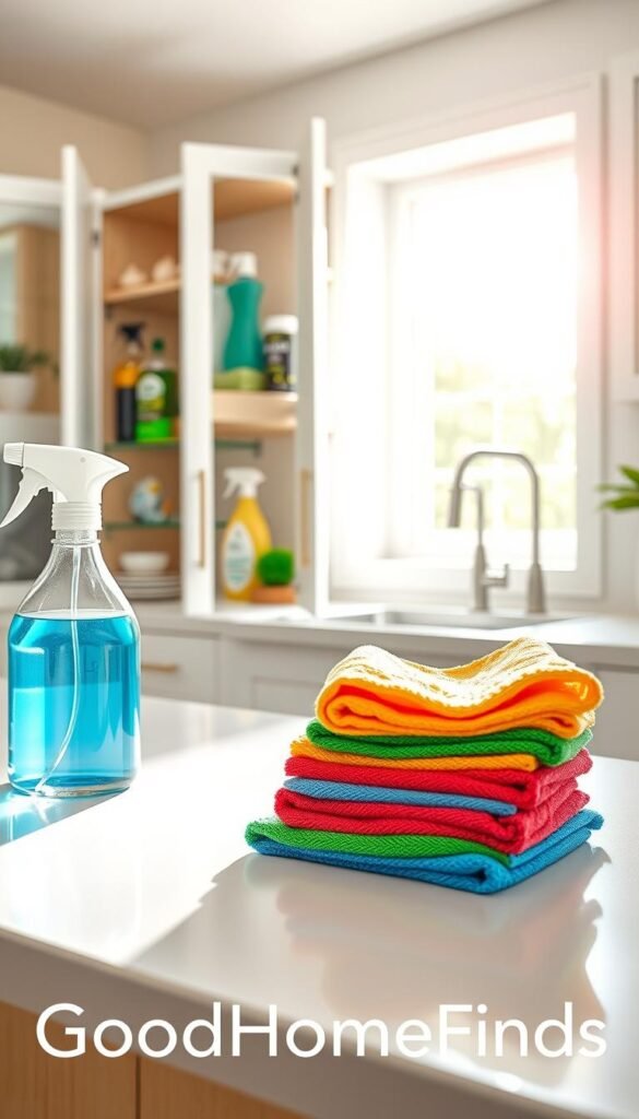 Microfiber cloths in a bright, modern kitchen setting, neatly arranged on a clean countertop. The foreground focuses on vibrant, colorful microfiber cloths stacked next to a gleaming spray bottle and a wooden scrub brush. The middle ground features an open cabinet displaying additional cleaning supplies like eco-friendly cleaners, suggesting both organization and accessibility. In the background, a sunlit window casts soft, natural light, creating a warm and inviting atmosphere that highlights the texture and colors of the cloths. The scene captures a sense of practicality and efficiency in cleaning, reflecting a professional yet casual lifestyle. The brand name "GoodHomeFinds" subtly integrated into the arrangement without direct visibility, ensuring the focus remains on the products.