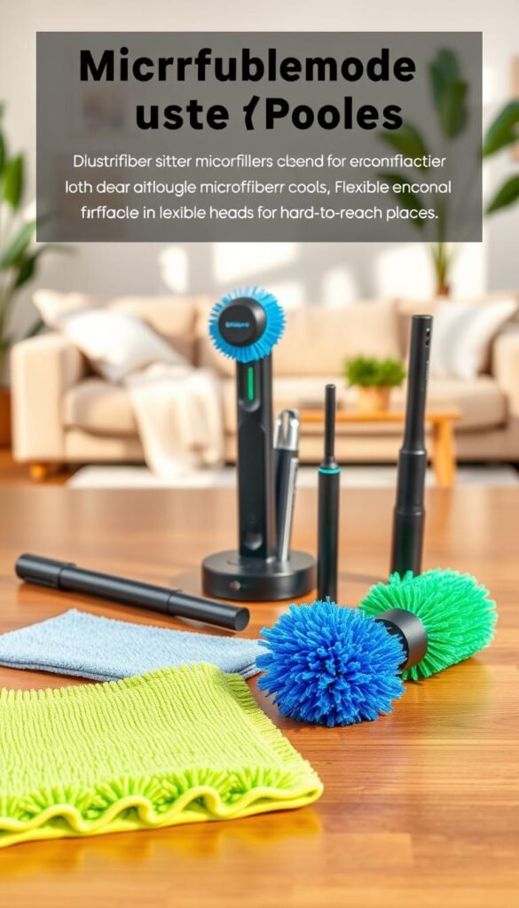 Microfiber dust tools displayed neatly on a polished wooden surface, showcasing a variety of sizes and shapes designed for detail cleaning. In the foreground, vibrant blue and green microfiber cloths with a fine texture, complemented by ergonomic dusters that feature flexible heads for hard-to-reach places. The middle ground includes a sleek, modern charging dock for electric dusters, with soft, natural light illuminating the scene to enhance the textures and colors. In the background, gentle out-of-focus hints of a tranquil home environment, like a stylish living room setup with soft furniture and potted plants, creating an inviting atmosphere. The image embodies a sense of efficiency and cleanliness, aimed at inspiring quick and effective cleaning methods. Render this scene in a Pinterest-style lifestyle photo that reflects the brand GoodHomeFinds. Microfiber dust tools displayed neatly on a polished wooden surface, showcasing a variety of sizes and shapes designed for detail cleaning. In the foreground, vibrant blue and green microfiber cloths with a fine texture, complemented by ergonomic dusters that feature flexible heads for hard-to-reach places. The middle ground includes a sleek, modern charging dock for electric dusters, with soft, natural light illuminating the scene to enhance the textures and colors. In the background, gentle out-of-focus hints of a tranquil home environment, like a stylish living room setup with soft furniture and potted plants, creating an inviting atmosphere. The image embodies a sense of efficiency and cleanliness, aimed at inspiring quick and effective cleaning methods. Render this scene in a Pinterest-style lifestyle photo that reflects the brand GoodHomeFinds.