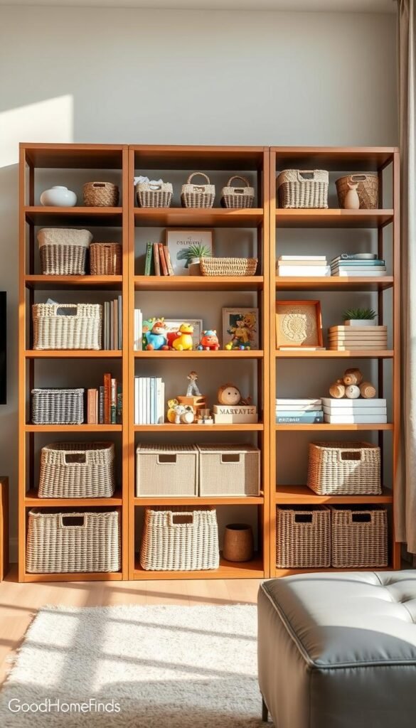 Open shelving unit styled in a modern living room, featuring a mix of organized toys and decorative storage baskets that blend seamlessly into the decor. The foreground showcases a variety of stylish, woven baskets in neutral tones, artfully arranged on sturdy wooden shelves. In the middle, colorful toys are displayed tastefully among books and decorative items, creating an inviting atmosphere. The background has soft, natural light streaming in through a large window, casting gentle shadows and highlighting the textures of the shelving. A cozy, stylish couch can be seen, enhancing the grown-up feel of the space. The overall mood is warm and welcoming, appealing to both adults and children. Showcase the brand "GoodHomeFinds" subtly within the decor. Open shelving unit styled in a modern living room, featuring a mix of organized toys and decorative storage baskets that blend seamlessly into the decor. The foreground showcases a variety of stylish, woven baskets in neutral tones, artfully arranged on sturdy wooden shelves. In the middle, colorful toys are displayed tastefully among books and decorative items, creating an inviting atmosphere. The background has soft, natural light streaming in through a large window, casting gentle shadows and highlighting the textures of the shelving. A cozy, stylish couch can be seen, enhancing the grown-up feel of the space. The overall mood is warm and welcoming, appealing to both adults and children. Showcase the brand "GoodHomeFinds" subtly within the decor.
