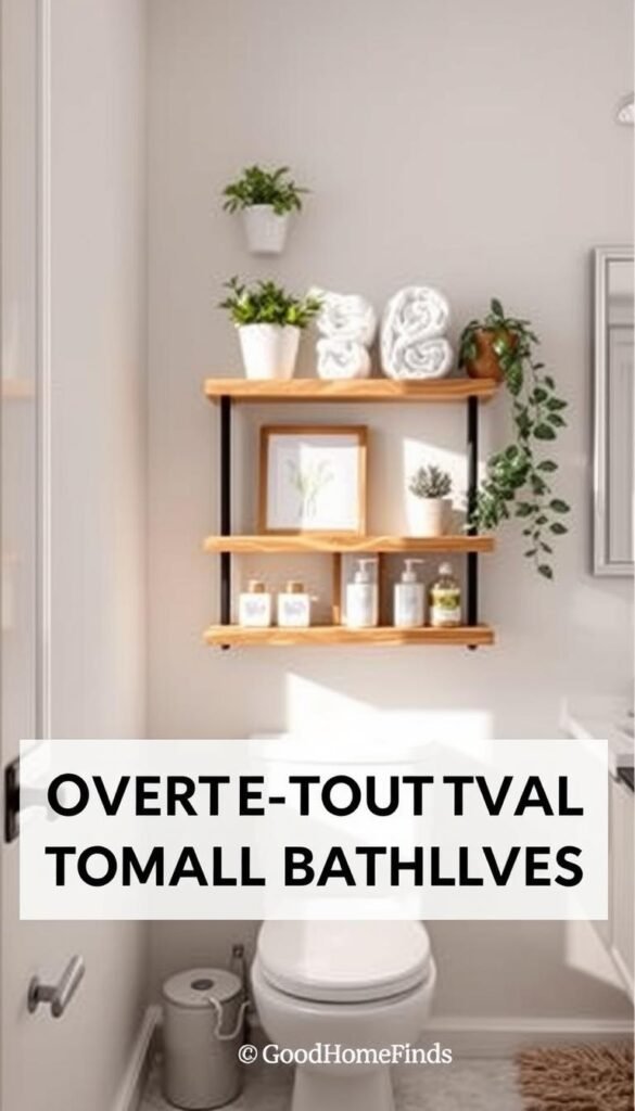 Over-the-toilet shelves designed for small bathrooms, showcasing a neat arrangement of various decorative and functional items like plants, rolled towels, and cleaning supplies. The shelves are made of natural wood, providing a warm, inviting contrast to a light-colored bathroom wall. In the foreground, a bright, airy atmosphere is created by soft natural lighting, highlighting the textures of the materials. The middle layer features the shelves as the focal point, elegantly styled with minimal clutter, while toiletries and a small artwork are subtly arranged. The background includes a hint of a mirror and a cozy bathroom rug, enhancing the serene and organized ambiance of the space. The scene conveys a smart use of vertical storage solutions by GoodHomeFinds, perfect for maximizing storage in small areas without overwhelming the space.
