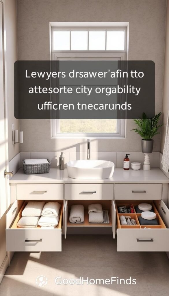 Realistic and inviting image of a stylish bathroom with elegantly designed drawers under the sink, featuring a minimalist aesthetic and a neutral color palette. The foreground includes neatly organized, open drawers showcasing an array of bathroom accessories such as towels, toiletries, and cleaning supplies, emphasizing better durability and system efficiency. In the middle, the sleek sink and countertop create a contemporary feel, complemented by modern fixtures. The background features soft, natural lighting coming from a nearby window, casting gentle shadows and highlighting the texture of the materials. The atmosphere is calm and functional, ideal for showcasing efficient storage solutions. Include subtle branding elements from "GoodHomeFinds" within the scene's design.