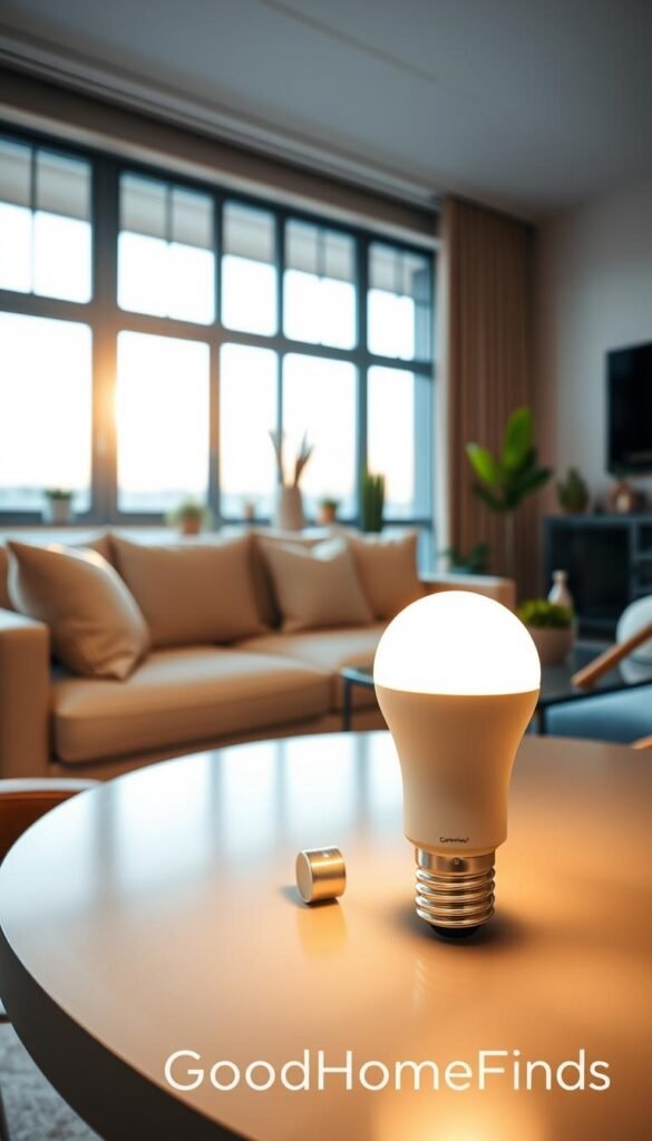 Smart lighting bulbs showcased in a modern, stylish living room with natural light streaming through large windows. In the foreground, an elegant table features a sleek smart bulb emitting a soft, warm glow, highlighting its sophisticated design. The middle ground includes a cozy couch adorned with neutral-toned cushions, creating a welcoming atmosphere. In the background, indoor plants and minimalist decor enhance the ambiance. Use a warm color palette to emphasize comfort and innovation. Capture the scene with a wide-angle lens to create depth, focusing on the interplay of light and shadow. The overall mood should be inviting and contemporary, reflecting the essence of energy-efficient smart lighting. Include the brand name "GoodHomeFinds" subtly in the scene.
