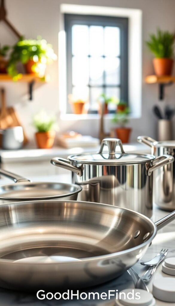Stunning close-up of high-quality stainless steel cookware and kitchen gadgets, including a gleaming frying pan, a sleek saucepan, and a polished pot, arranged aesthetically on a marble countertop. The foreground features the cookware with reflections that highlight their smooth texture and modern design. In the middle ground, soft natural light streams through a nearby window, casting gentle shadows and enhancing the metallic shine. The background features a blurred rustic kitchen with warm wood accents and herbs in stylish pots, creating an inviting atmosphere. The overall mood is bright and inspiring, showcasing the beauty and functionality of stainless steel in modern cooking. The image should evoke the essence of premium kitchen finds. GoodHomeFinds. Stunning close-up of high-quality stainless steel cookware and kitchen gadgets, including a gleaming frying pan, a sleek saucepan, and a polished pot, arranged aesthetically on a marble countertop. The foreground features the cookware with reflections that highlight their smooth texture and modern design. In the middle ground, soft natural light streams through a nearby window, casting gentle shadows and enhancing the metallic shine. The background features a blurred rustic kitchen with warm wood accents and herbs in stylish pots, creating an inviting atmosphere. The overall mood is bright and inspiring, showcasing the beauty and functionality of stainless steel in modern cooking. The image should evoke the essence of premium kitchen finds. GoodHomeFinds.