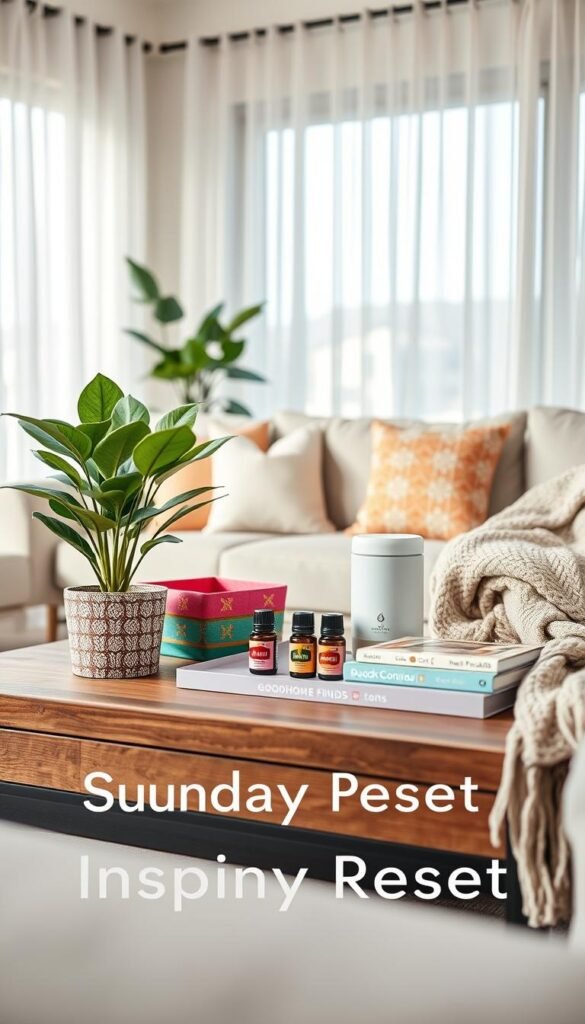 Stylish and functional renter-friendly products arranged on a cozy, well-lit coffee table in a modern, minimalist living room. In the foreground, showcase a chic, budget-friendly plant in a decorative pot, colorful storage baskets, and a cozy throw blanket elegantly draped. The middle ground features an aesthetically pleasing set of essential oils and a sleek diffuser, surrounded by a candle and a small stack of budget-conscious decor books. In the background, a soft natural light filters through sheer curtains, enhancing the warm, inviting atmosphere. The overall mood is relaxed and inspiring, perfect for a Sunday reset. Emphasize the brand "GoodHomeFinds" subtly in the overall design of the products. Use soft focus techniques with a shallow depth of field to bring attention to the foreground items.