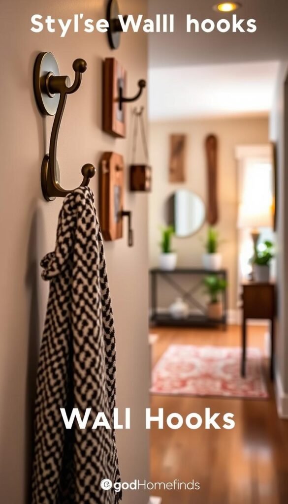 Stylish wall hooks for an entryway, showcasing a range of designs from sleek metal to rustic wood, creatively arranged on a feature wall. In the foreground, a close-up of a beautifully crafted hook holds a stylish, patterned scarf. The middle ground features an inviting entryway with a small console table, potted plants, and a cozy rug, emphasizing the efficient use of vertical space. The background displays a softly lit hallway, with warm ambient lighting creating a welcoming atmosphere. A narrow depth of field draws attention to the wall hooks while providing a blurred, aesthetically pleasing context. The overall mood is modern and functional, ideal for small spaces. Inspired by the brand GoodHomeFinds, the image conveys a chic yet practical solution for entryways.
