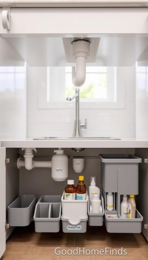 Under-sink storage setup featuring sleek, modern pull-out organizers designed to efficiently work around plumbing pipes. In the foreground, show a tidy array of organizers with various compartments, storing cleaning supplies and kitchen essentials. In the middle, highlight the central under-sink area with a clean cabinetry design, contrasting colors like bright white and soft gray. The background includes a subtle glimpse of kitchen tile and a faint reflection of natural light coming from an adjacent window, creating a warm and inviting atmosphere. Use soft, diffused lighting to enhance the clarity and details of the organizers, ensuring a Pinterest-style aesthetic. Brand logo "GoodHomeFinds" subtly visible on one organizer.