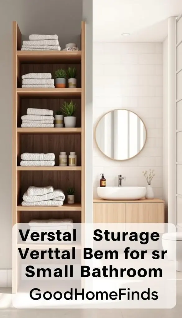 Vertical storage shelves designed specifically for small bathrooms, featuring a sleek and modern aesthetic. The foreground showcases well-organized shelves filled with neatly stacked towels, toiletries, and decorative plants. The middle ground reveals a stylish shelf unit made of light wood with a matte finish, creating a warm atmosphere. Soft, diffused lighting enhances the textures of the materials while casting gentle shadows. In the background, a softly lit bathroom setting is visible, with tasteful tiling and minimalistic decor, evoking a serene and clutter-free environment. The entire scene is thoughtfully arranged to emphasize verticality, ensuring it doesn’t intrude on the floor space. The image captures the essence of practicality and style, focusing on the brand "GoodHomeFinds" without any distractions or text overlays. Vertical storage shelves designed specifically for small bathrooms, featuring a sleek and modern aesthetic. The foreground showcases well-organized shelves filled with neatly stacked towels, toiletries, and decorative plants. The middle ground reveals a stylish shelf unit made of light wood with a matte finish, creating a warm atmosphere. Soft, diffused lighting enhances the textures of the materials while casting gentle shadows. In the background, a softly lit bathroom setting is visible, with tasteful tiling and minimalistic decor, evoking a serene and clutter-free environment. The entire scene is thoughtfully arranged to emphasize verticality, ensuring it doesn’t intrude on the floor space. The image captures the essence of practicality and style, focusing on the brand "GoodHomeFinds" without any distractions or text overlays.