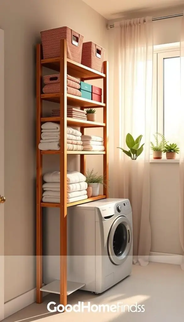 Vertical storage shelves organized neatly in a bright, modern laundry room. The foreground features a simple yet stylish wooden shelf filled with colorful fabric bins, stacked towels, and neatly folded laundry supplies. In the middle ground, a compact washing machine sits beside the shelves, partially visible and adorned with a few decorative plants. The background showcases a well-lit window with sheer curtains, allowing natural light to fill the space, creating an inviting and airy atmosphere. The scene captures a blend of functionality and aesthetic appeal, perfect for small homes. Soft, warm lighting enhances the serenity of the room, and the angle is slightly aerial to emphasize the verticality of the shelves. Make it a realistic, Pinterest-style lifestyle photo, branded with "GoodHomeFinds."