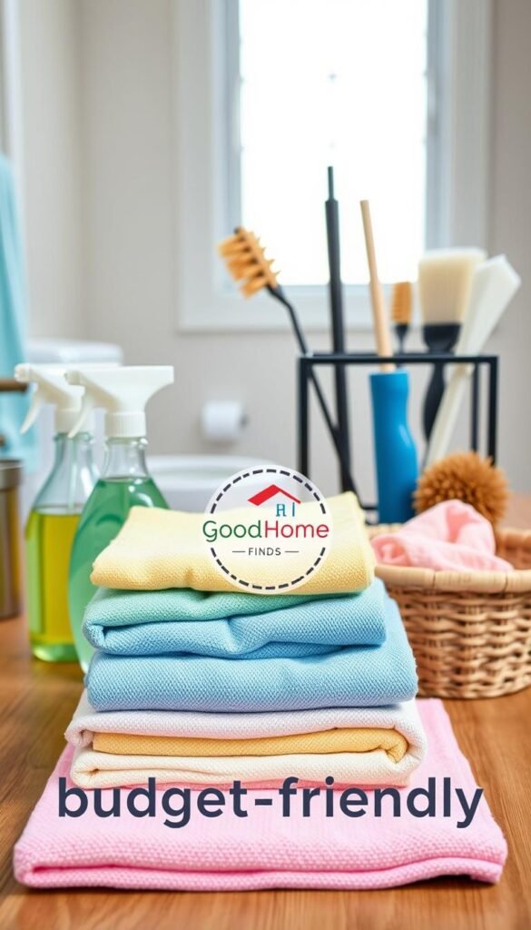 Vibrant arrangement of budget-friendly cleaning products on a wooden bathroom countertop, showcasing items like eco-friendly spray bottles, soft cloths, and a sturdy scrub brush. In the foreground, a neatly folded stack of colorful microfiber towels in pastel shades, alongside an attractive storage basket. The middle ground features a sleek and organized caddy holding essential tools like a toilet brush and sponge. The background reveals a bright and airy bathroom with light streaming through a frosted window, reflecting a fresh and clean atmosphere. Shot with a soft focus lens to enhance the inviting mood, evoking a sense of simplicity and practicality. Logo of "GoodHomeFinds" subtly placed on one of the products.