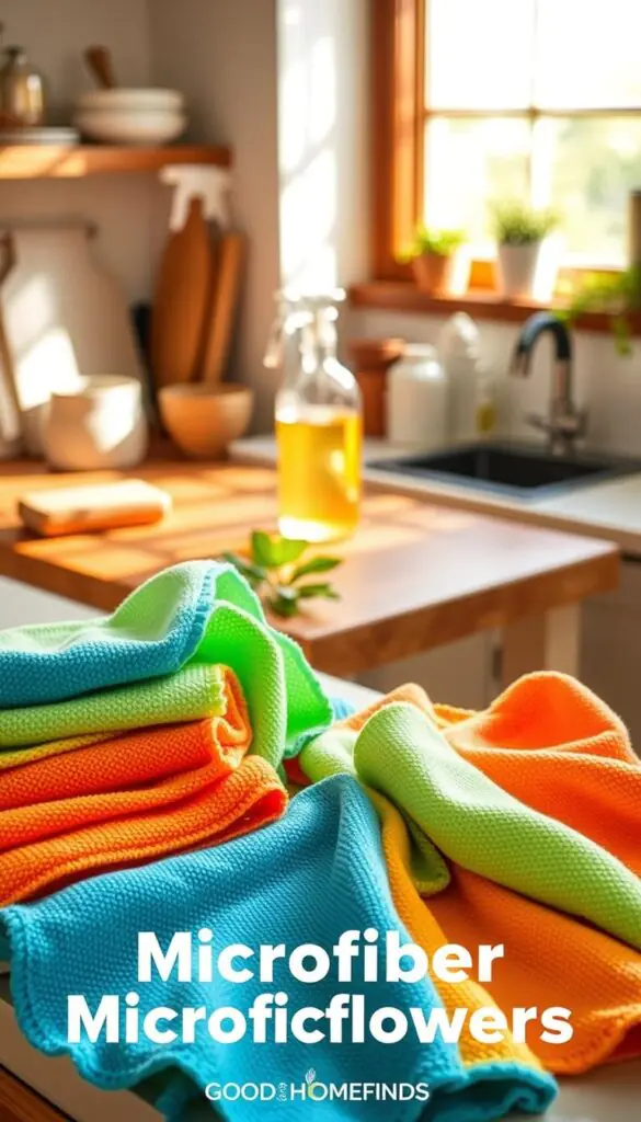 Vibrant arrangement of various microfiber cleaning cloths in a cozy, bright kitchen setting. The foreground features an array of colorful cloths&mdash;soft textures in shades of blue, green, and orange&mdash;neatly folded and some casually draped over a countertop. In the middle, a wooden kitchen table holds a small plant and a glass bottle filled with homemade cleaning solution, reflecting the eco-friendly theme. The background showcases warm sunlight streaming through a window, casting gentle shadows, enhancing the inviting atmosphere of the space. This lifestyle photo captures a clean, organized environment, emphasizing the effectiveness of microfiber over traditional paper towels. Ideal for a Pinterest-style aesthetic, highlighting the brand "GoodHomeFinds".