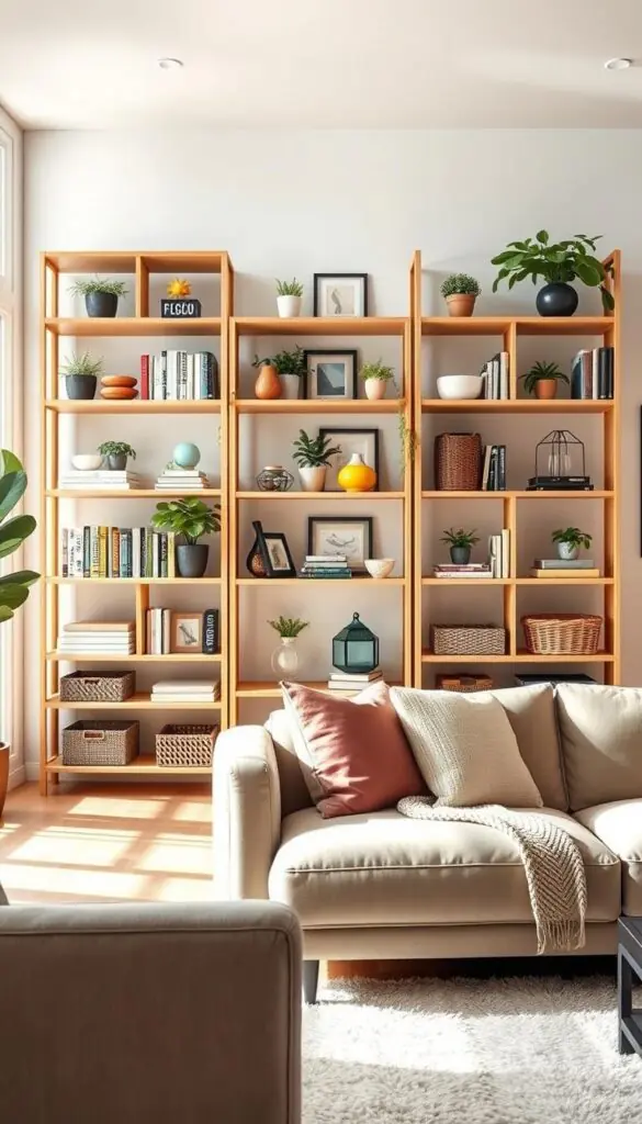 Vibrant, stylish freestanding shelves in a contemporary living room, showcasing various decorative items like books, plants, and storage baskets. The shelves should be made of light wood with an open design, emphasizing minimalism and functionality. In the foreground, include a cozy seating area with a modern sofa and a plush rug, creating a warm atmosphere. In the middle, the well-arranged shelves are the focal point, filled with colorful decor and practical storage solutions. The background features soft, natural light coming through large windows, enhancing the inviting feel of the space. Use a wide-angle lens to capture the full scene, ensuring a bright and airy ambiance that inspires stylish, renter-friendly organization. GoodHomeFinds.