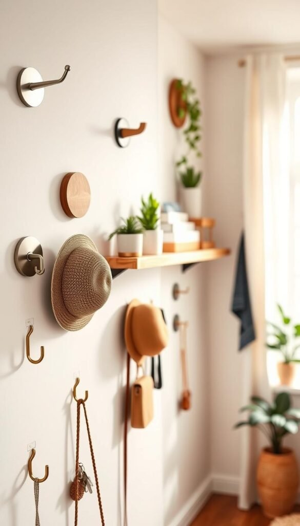 Wall hooks displayed in a stylish, organized home setting, featuring a variety of designs like minimalist metal hooks, decorative wooden options, and colorful adhesive hooks. In the foreground, several hooks are mounted on a light-colored wall, showcasing various hanging items such as hats, bags, and keys. The middle ground contains a shelf adorned with plants and decorative boxes, emphasizing functionality and aesthetics. The background displays a soft-focus view of a cozy room with natural light streaming in through a window, creating an inviting atmosphere. Use a warm color palette to enhance the mood of organization and simplicity. Capture the scene with a slight angle to add depth, using a 50mm lens effect for a realistic Pinterest-style lifestyle photo. GoodHomeFinds.