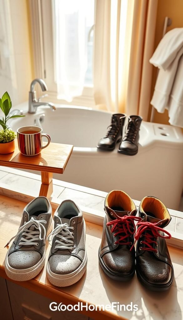 Wet shoes are arranged for drying on a wooden bathroom shelf beside a steaming mug of tea and a small potted plant. In the foreground, two pairs of stylish, soaked sneakers and booties, glistening with droplets, are strategically placed, with their laces untied for ventilation. The middle ground features a warm, sunlit bathroom with marble countertops and fluffy white towels, while the background shows a window with soft, sheer curtains allowing natural light to stream in, creating a cozy atmosphere. The scene has a serene, organized feel, showcasing practical drying techniques without causing damage. The image should evoke a sense of calm and tidiness, ideal for a lifestyle article. GoodHomeFinds. Wet shoes are arranged for drying on a wooden bathroom shelf beside a steaming mug of tea and a small potted plant. In the foreground, two pairs of stylish, soaked sneakers and booties, glistening with droplets, are strategically placed, with their laces untied for ventilation. The middle ground features a warm, sunlit bathroom with marble countertops and fluffy white towels, while the background shows a window with soft, sheer curtains allowing natural light to stream in, creating a cozy atmosphere. The scene has a serene, organized feel, showcasing practical drying techniques without causing damage. The image should evoke a sense of calm and tidiness, ideal for a lifestyle article. GoodHomeFinds.
