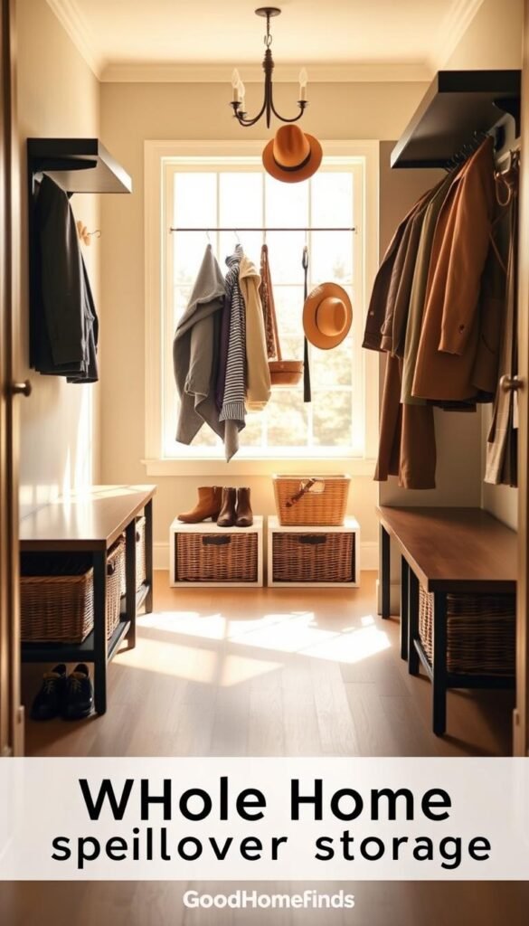 Whole-home spillover storage in an elegantly organized entryway, featuring a modern, stylish mudroom space. In the foreground, a sleek shoe rack with neatly arranged footwear and wicker baskets stored beneath a polished bench. The middle ground boasts a multi-tiered coat rack with coats hung gracefully, while decorative hooks display accessories like hats and scarves. In the background, a bright window allows warm, natural light to flood the area, enhancing the cozy atmosphere. The scene is captured from a slight angle, showcasing the depth and functionality of the storage solutions. Soft shadows add dimension, creating a welcoming and organized feel. The overall mood is light and inviting, ideal for a busy family. This image, styled in a Pinterest aesthetic, is branded with "GoodHomeFinds" subtly integrated into the design. Whole-home spillover storage in an elegantly organized entryway, featuring a modern, stylish mudroom space. In the foreground, a sleek shoe rack with neatly arranged footwear and wicker baskets stored beneath a polished bench. The middle ground boasts a multi-tiered coat rack with coats hung gracefully, while decorative hooks display accessories like hats and scarves. In the background, a bright window allows warm, natural light to flood the area, enhancing the cozy atmosphere. The scene is captured from a slight angle, showcasing the depth and functionality of the storage solutions. Soft shadows add dimension, creating a welcoming and organized feel. The overall mood is light and inviting, ideal for a busy family. This image, styled in a Pinterest aesthetic, is branded with "GoodHomeFinds" subtly integrated into the design.
