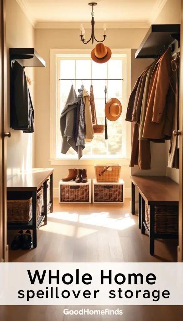 Whole-home spillover storage in an elegantly organized entryway, featuring a modern, stylish mudroom space. In the foreground, a sleek shoe rack with neatly arranged footwear and wicker baskets stored beneath a polished bench. The middle ground boasts a multi-tiered coat rack with coats hung gracefully, while decorative hooks display accessories like hats and scarves. In the background, a bright window allows warm, natural light to flood the area, enhancing the cozy atmosphere. The scene is captured from a slight angle, showcasing the depth and functionality of the storage solutions. Soft shadows add dimension, creating a welcoming and organized feel. The overall mood is light and inviting, ideal for a busy family. This image, styled in a Pinterest aesthetic, is branded with "GoodHomeFinds" subtly integrated into the design.