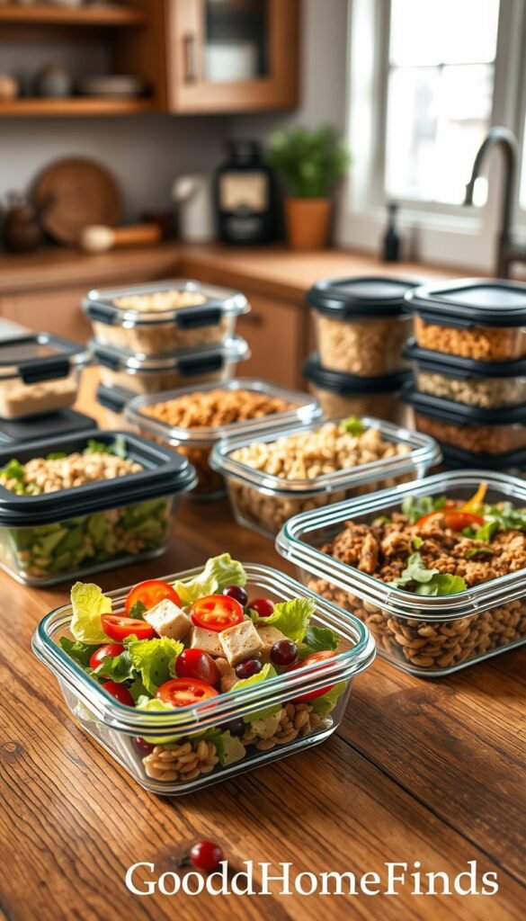 a collection of various stylish lunch containers arranged neatly on a rustic wooden kitchen table, showcasing a variety of materials such as glass, stainless steel, and BPA-free plastic. Each container contains vibrant, well-prepared meals, including fresh salads, grains, and proteins, emphasizing functionality and design. In the foreground, a sleek, clear glass container with a colorful salad is highlighted, while other containers in the middle ground display hearty grains and protein options. The background features soft natural lighting coming through a window, creating a warm and inviting atmosphere that inspires meal prep. The scene is styled in a Pinterest-worthy lifestyle aesthetic, embodying organization and healthy living, branded subtly with "GoodHomeFinds".