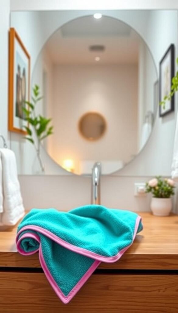 a cozy bathroom setting featuring a beautifully arranged microfiber hair towel wrap from the brand "GoodHomeFinds". In the foreground, the towel is elegantly draped on a wooden vanity, showcasing its soft texture and vibrant color. In the middle background, a serene mirror reflects a minimalistic decor with soft lighting illuminating the scene, creating a calm and inviting atmosphere. The walls are adorned with stylish wall art and subtle greenery, enhancing the tranquil mood. The angle captures the towel's detail, giving a sense of warmth and practicality for daily routines. The overall composition is inviting and reflects a lifestyle that prioritizes time-saving beauty solutions and healthy hair care practices.