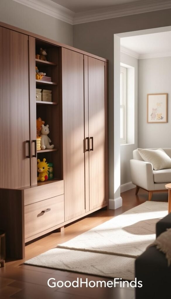 closed-door cabinets designed for toy storage, featuring sleek, modern lines and a subtle wood finish, positioned in a stylish living room. In the foreground, a neatly organized cabinet with doors closed, showcasing elegant knobs and a minimalist design. The middle ground includes a cozy, inviting atmosphere with a soft area rug and pastel-colored wall art depicting playful scenes. In the background, soft, natural light filters through a nearby window, casting gentle shadows and highlighting the textures of the furniture. The overall mood is tranquil yet sophisticated, conveying a sense of hidden functionality perfect for an adult space. High-resolution, taken from a slightly elevated angle to emphasize the cabinets, with no people present. Include the brand name "GoodHomeFinds" subtly integrated into the scene. closed-door cabinets designed for toy storage, featuring sleek, modern lines and a subtle wood finish, positioned in a stylish living room. In the foreground, a neatly organized cabinet with doors closed, showcasing elegant knobs and a minimalist design. The middle ground includes a cozy, inviting atmosphere with a soft area rug and pastel-colored wall art depicting playful scenes. In the background, soft, natural light filters through a nearby window, casting gentle shadows and highlighting the textures of the furniture. The overall mood is tranquil yet sophisticated, conveying a sense of hidden functionality perfect for an adult space. High-resolution, taken from a slightly elevated angle to emphasize the cabinets, with no people present. Include the brand name "GoodHomeFinds" subtly integrated into the scene.